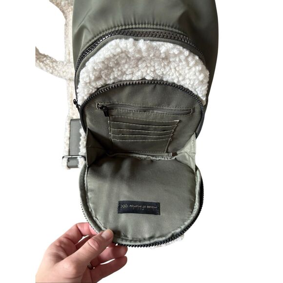 NEW House Of Harlow Sling Backpack Sherpa Nylon Olive Green Cream - Picture 6 of 15
